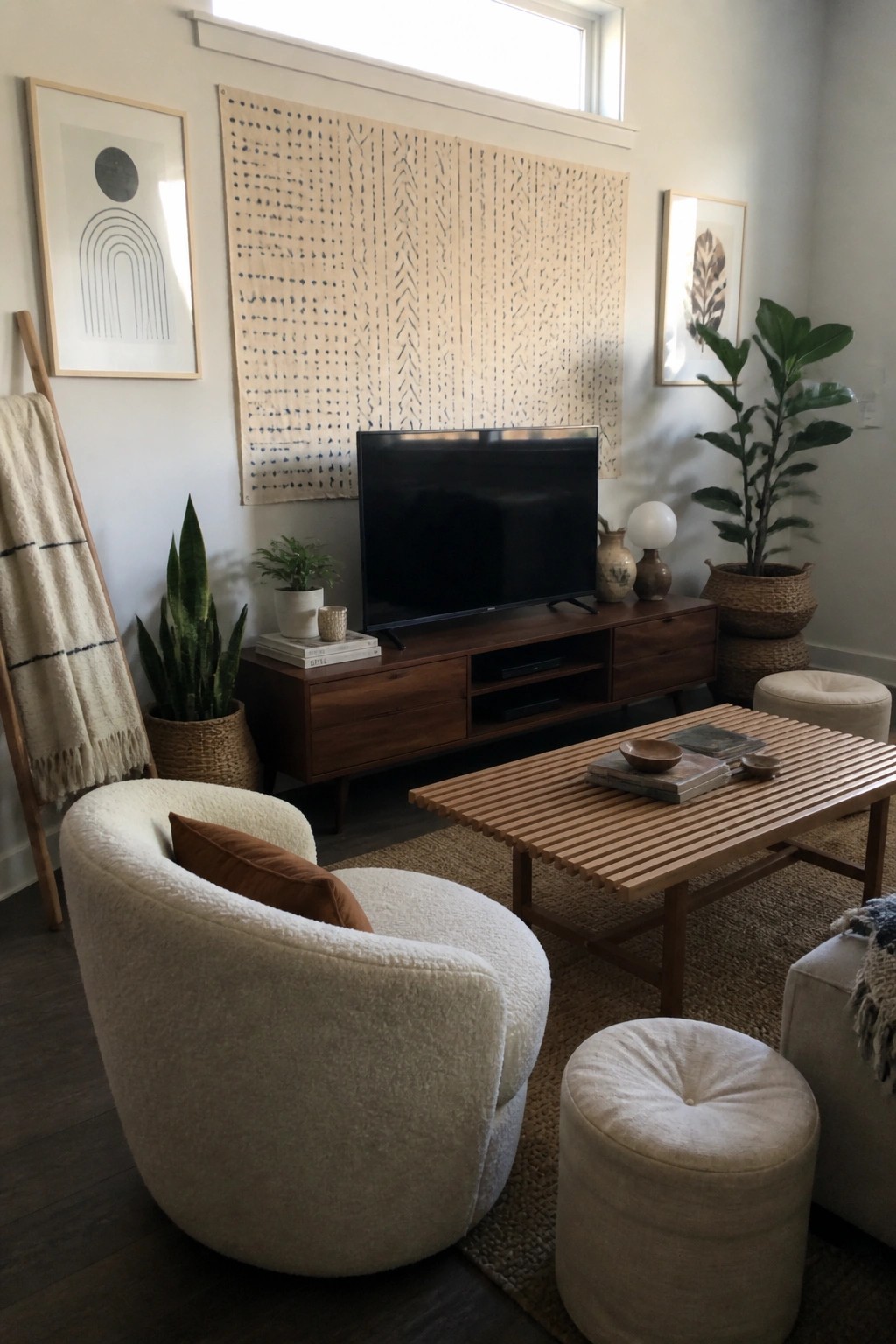 Cozy living room with white boucle chair, wooden TV console, coffee table, and plants.