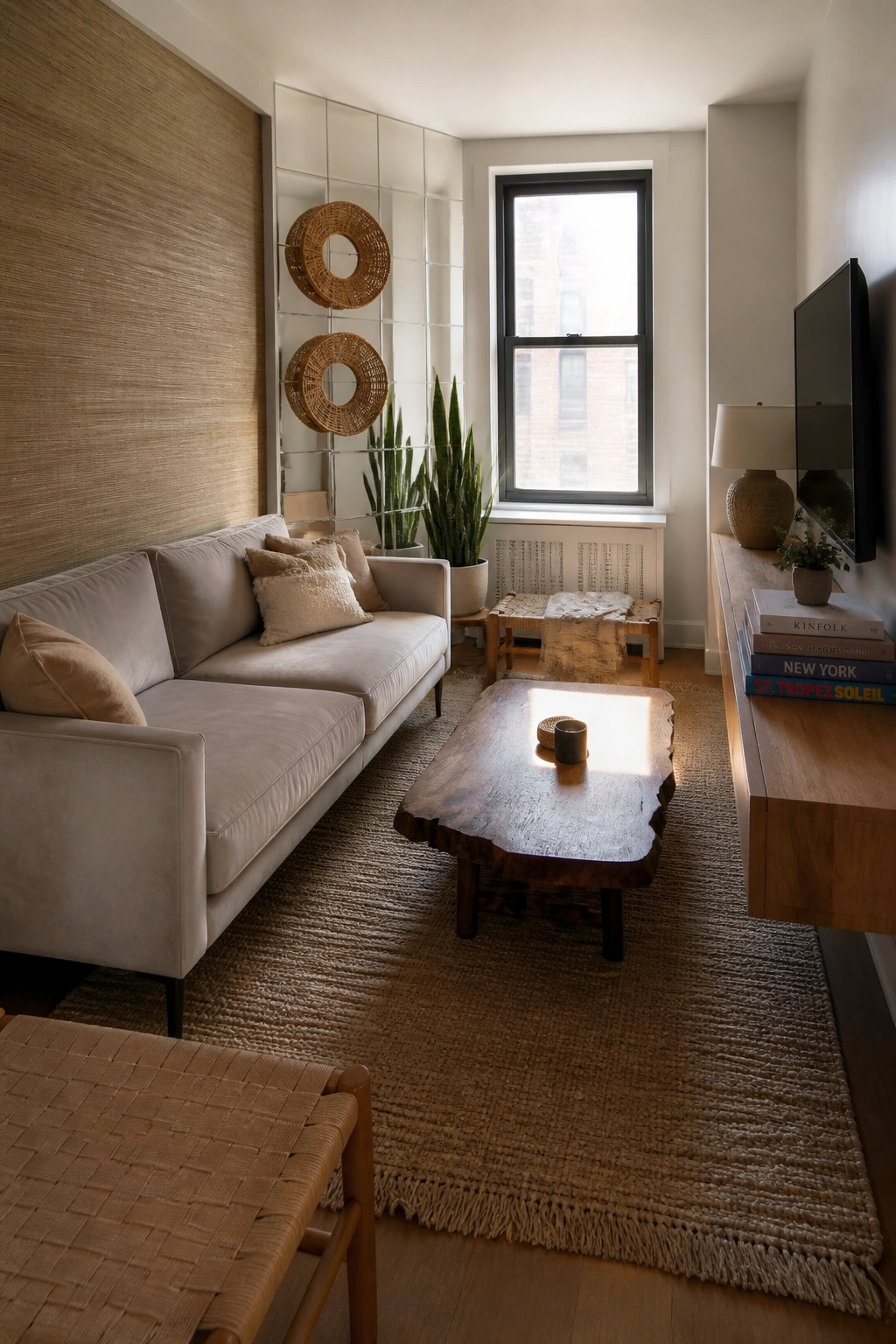 A living room with a light sofa, wooden coffee table on a woven rug, and a wall covered in mirrored tiles holding two round woven wall hangings.