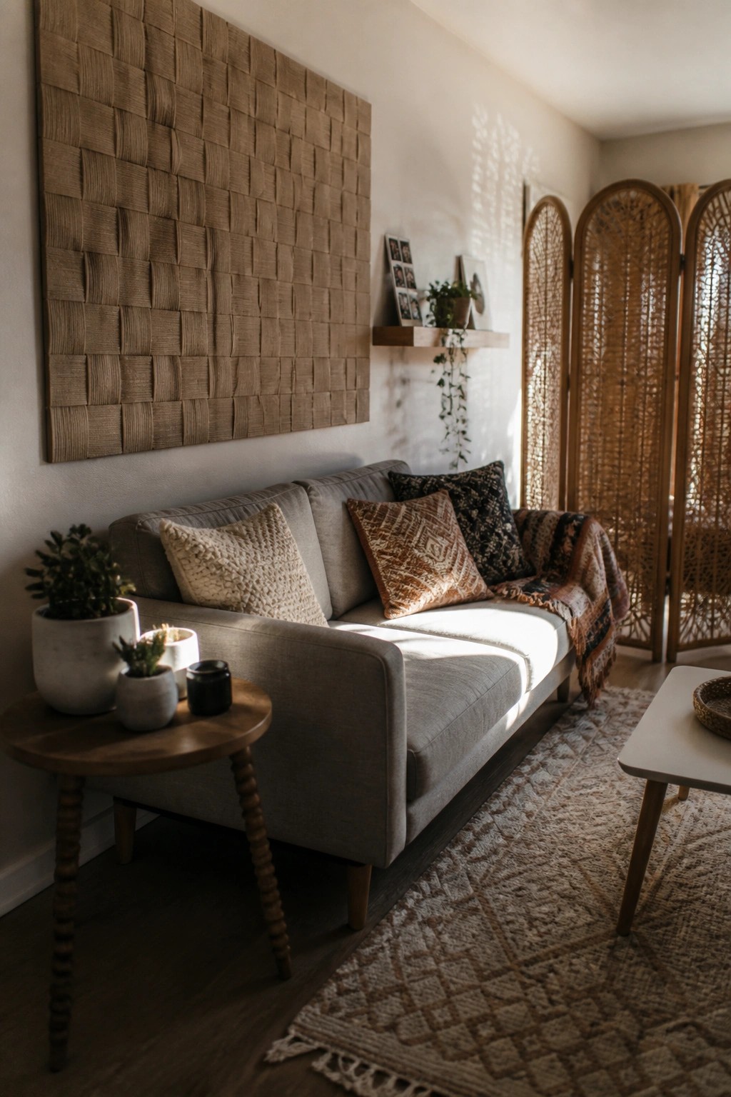 A gray sofa with patterned pillows sits below a large square woven wall hanging in a sunlit living room with a patterned rug and potted plants nearby.