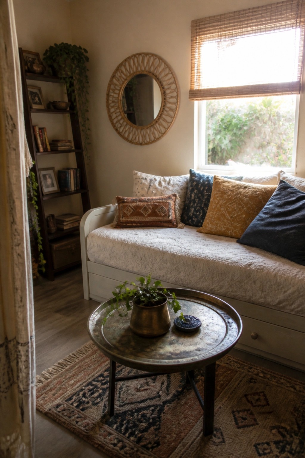 A small boho living room corner with a white daybed piled with pillows under a window, a round metal tray table holding a potted plant on a patterned rug, and a dark wooden bookshelf filled with books and plants to the left.