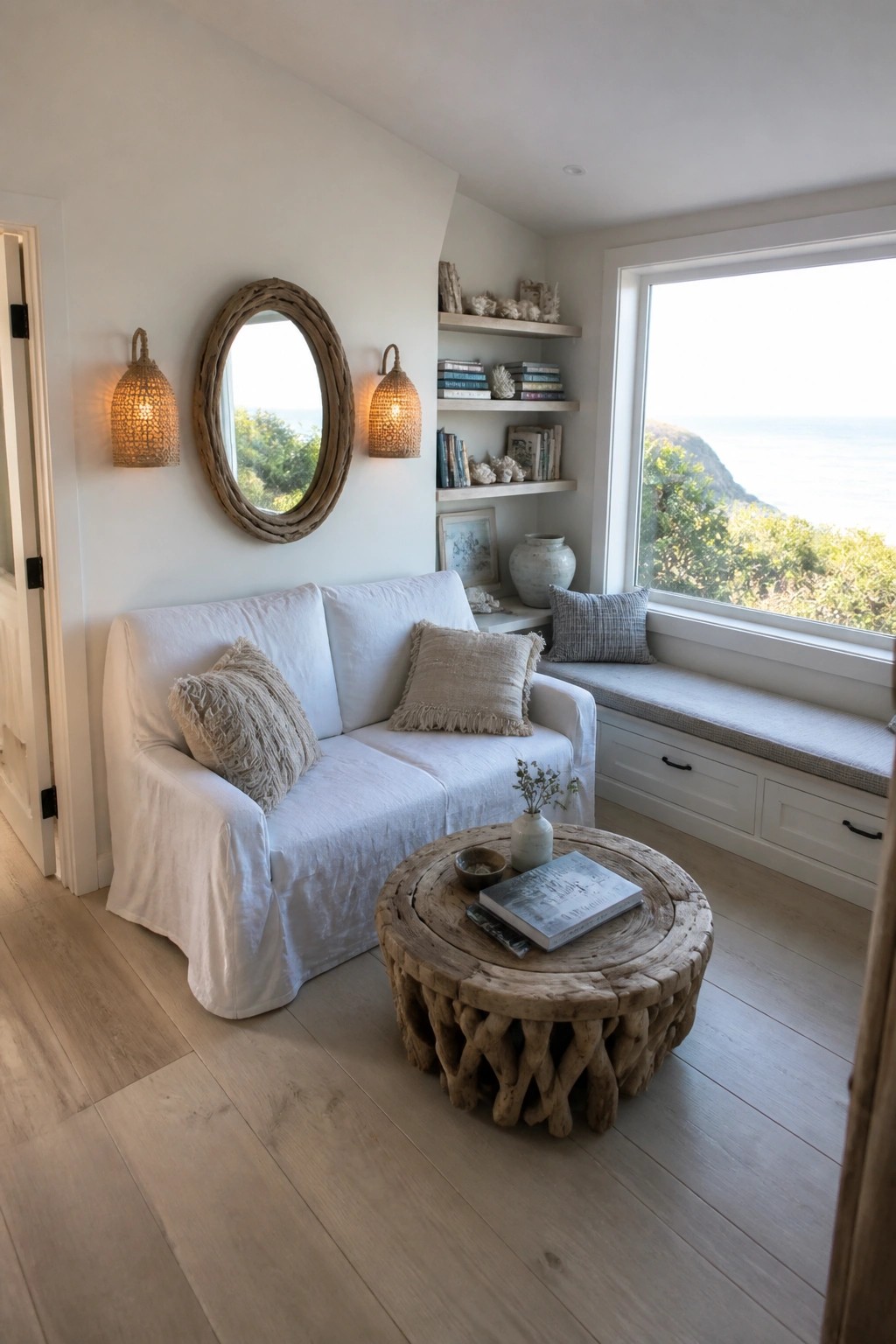 A small living room with a white slipcovered sofa, rustic wood coffee table, built-in window seat with storage drawers, floating shelves, and round mirror on a white wall.