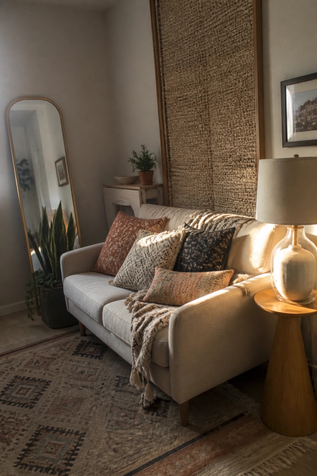 Cozy beige sofa with patterned pillows and throw beside wooden lamp table and mirror
