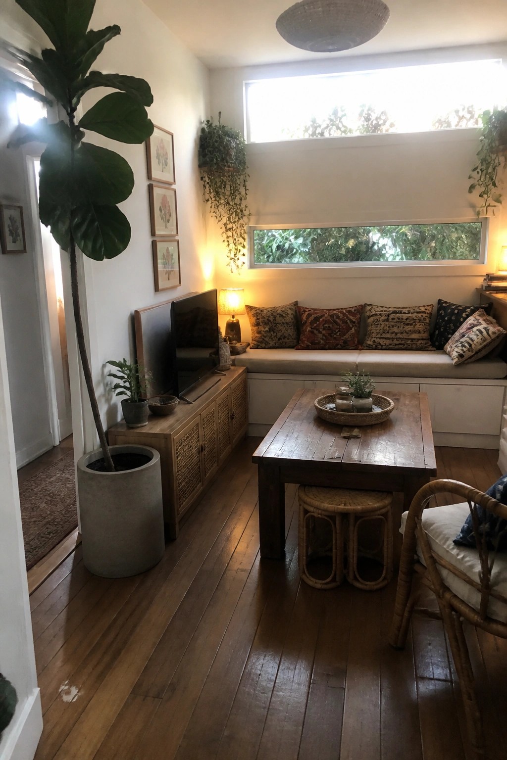 A narrow living room featuring a long built-in bench with patterned pillows under a horizontal window, a wooden coffee table, a TV on a low console, and several potted plants.