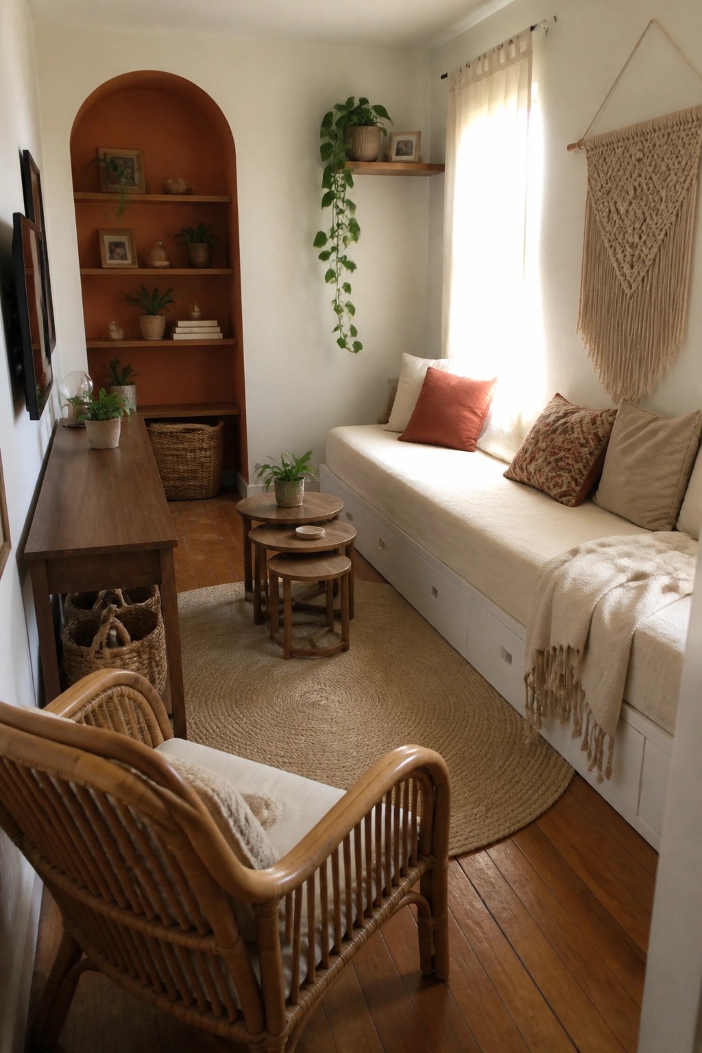 A small boho living room with a white built-in daybed along the right wall, an arched niche with wooden shelves on the left, a round jute rug, wooden nesting tables, and a rattan chair in the foreground.