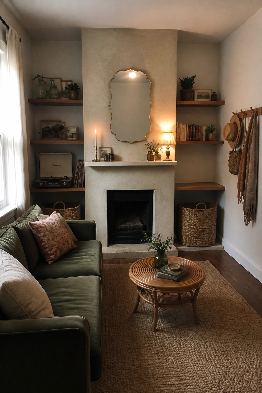 A living room with built-in wooden shelves flanking a fireplace mantel, a green sofa in the foreground, and a round coffee table on a woven rug.