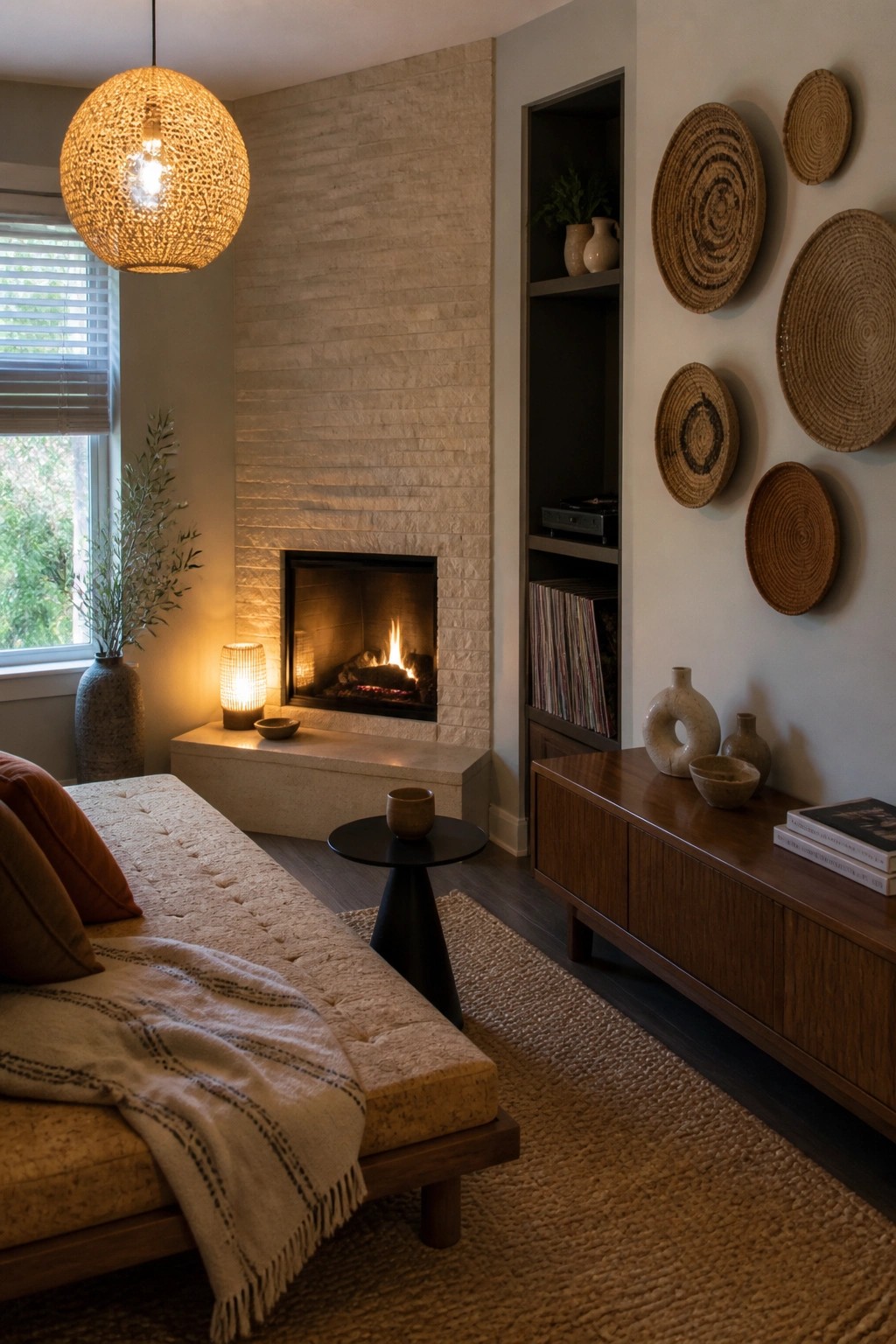 A cozy living room shows a stone fireplace with built-in shelving holding records and plants to the right, a daybed in front, and a woven pendant light overhead.