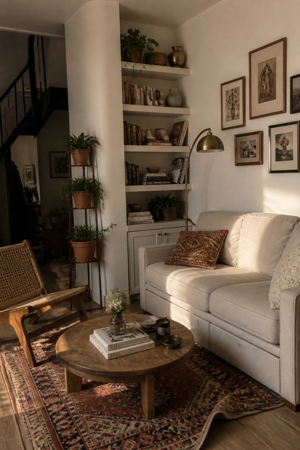 A small living room featuring white built-in shelving filled with books and plants beside a light sofa and round coffee table on a patterned rug.