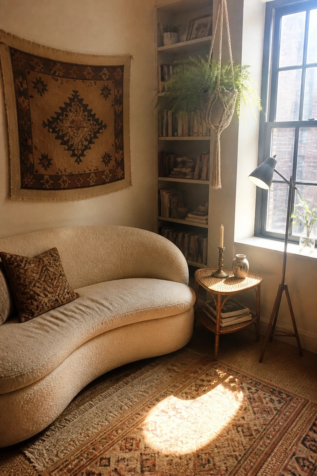 A small living room with a curved cream sofa, built-in bookshelves filled with books and plants, a patterned rug on the floor, and a window letting in sunlight.