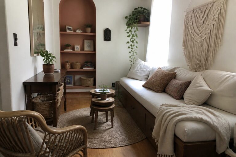 22 Smart Small Cozy Boho Living Room Ideas for Tight Floor Plans A small boho living room with a white built-in daybed along the right wall, an arched niche with wooden shelves on the left, a round jute rug, wooden nesting tables, and a rattan chair in the foreground.