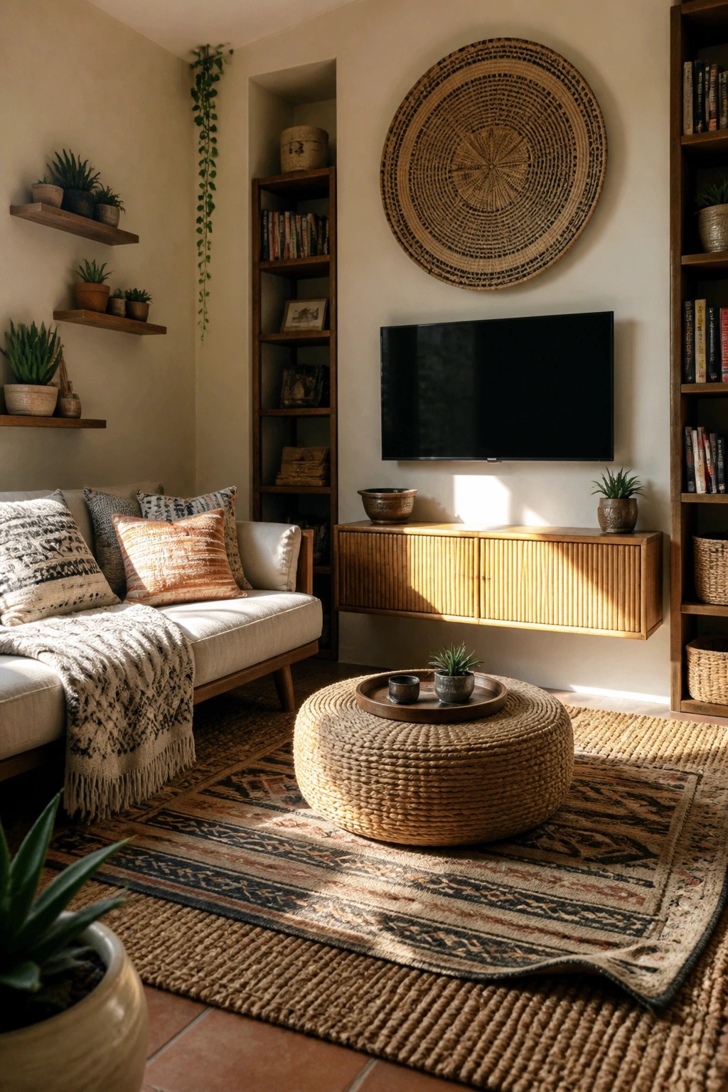 Cozy bohemian living room with sofa, round woven ottoman, TV console, and plants.