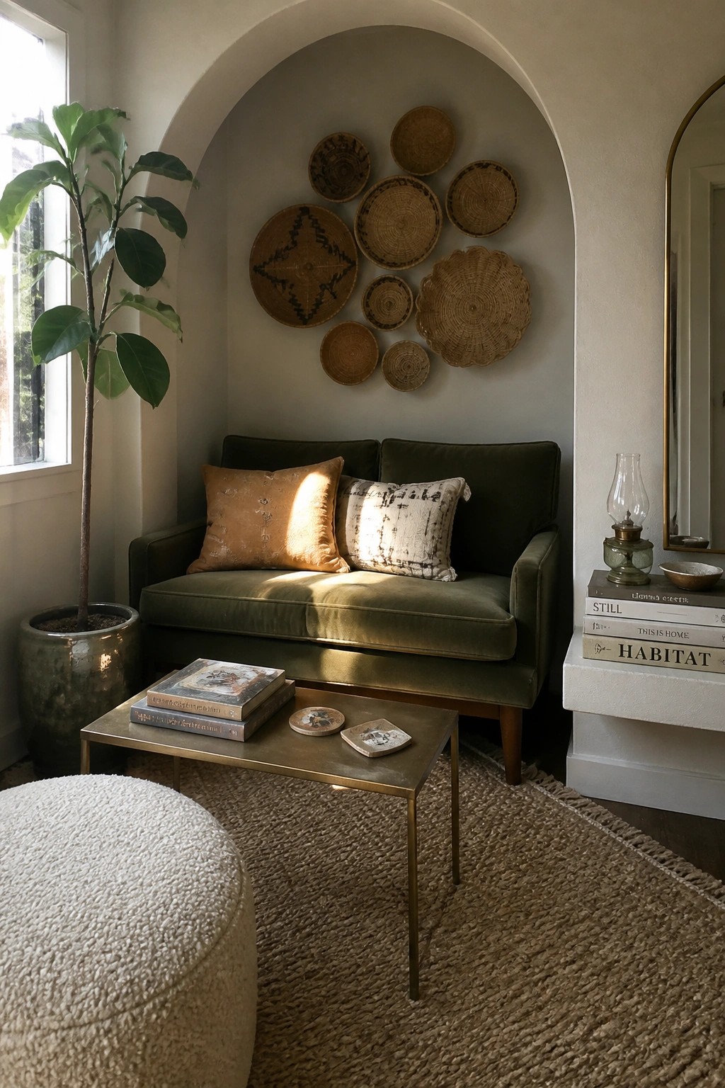 A small living room featuring a green velvet sofa under an arched alcove filled with woven baskets, a brass coffee table, a potted plant, and a white ottoman on a jute rug.