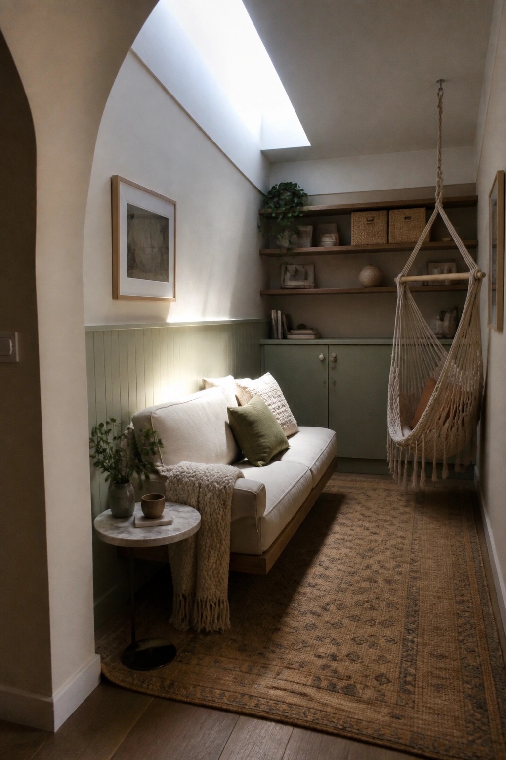 Cozy sunlit nook with cream sofa, macrame hammock, green wainscoting, and jute rug.