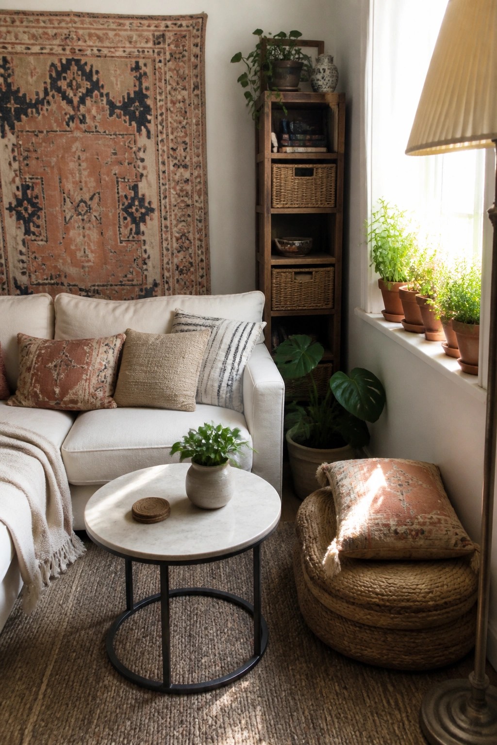 A small living room with a white sofa, round marble coffee table, woven floor pouf, tall wooden shelf, and multiple houseplants near a window.