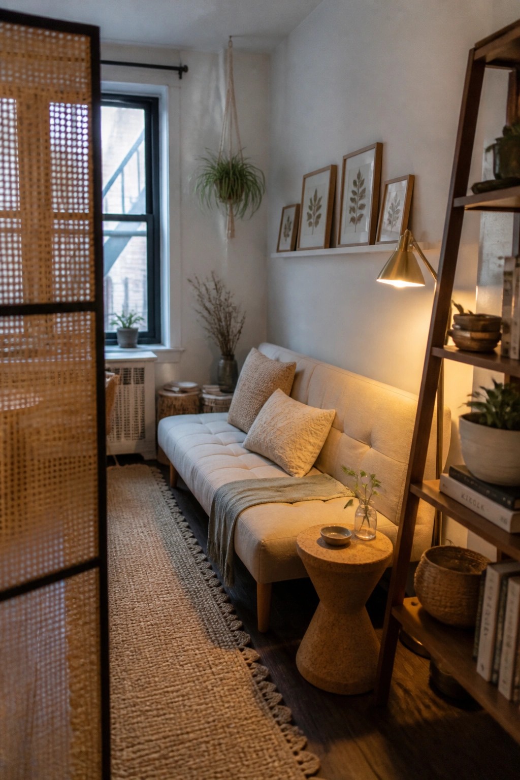 A narrow indoor living space with a light sofa along one wall, a long woven runner rug, a round side table, a leaning wooden shelf, and a woven room divider on the left.