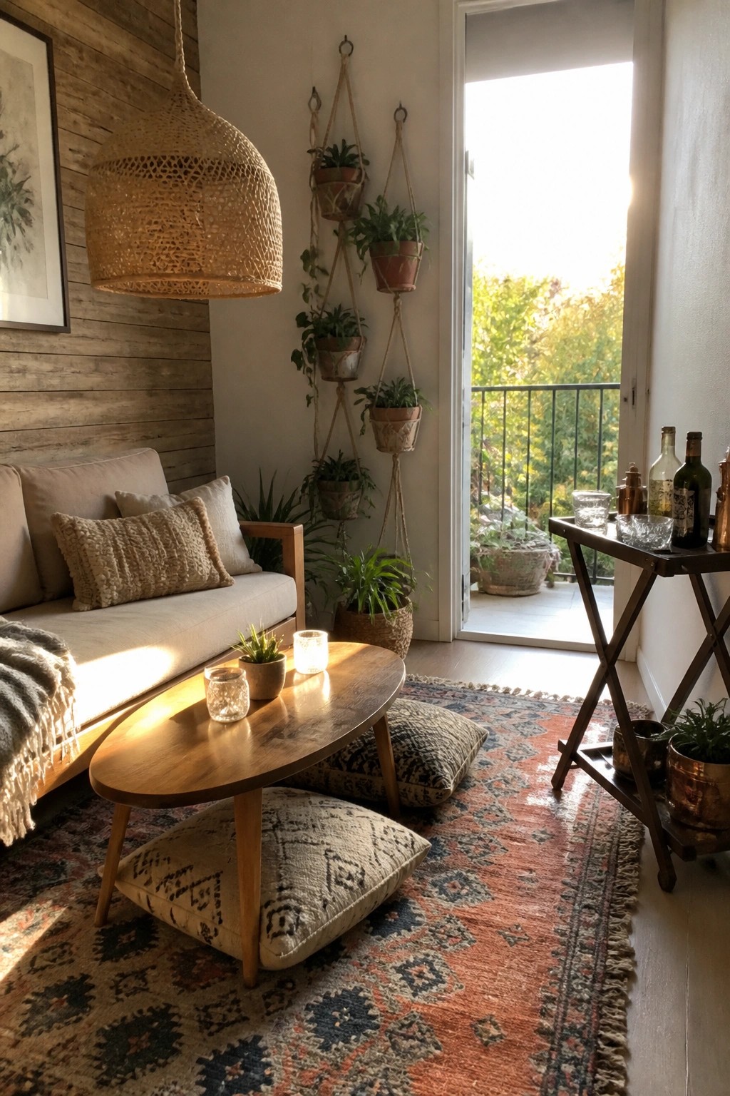 A small boho living room with a low wooden coffee table on a patterned rug, floor cushions, a light sofa, hanging plants, and a woven pendant light near an open balcony door.