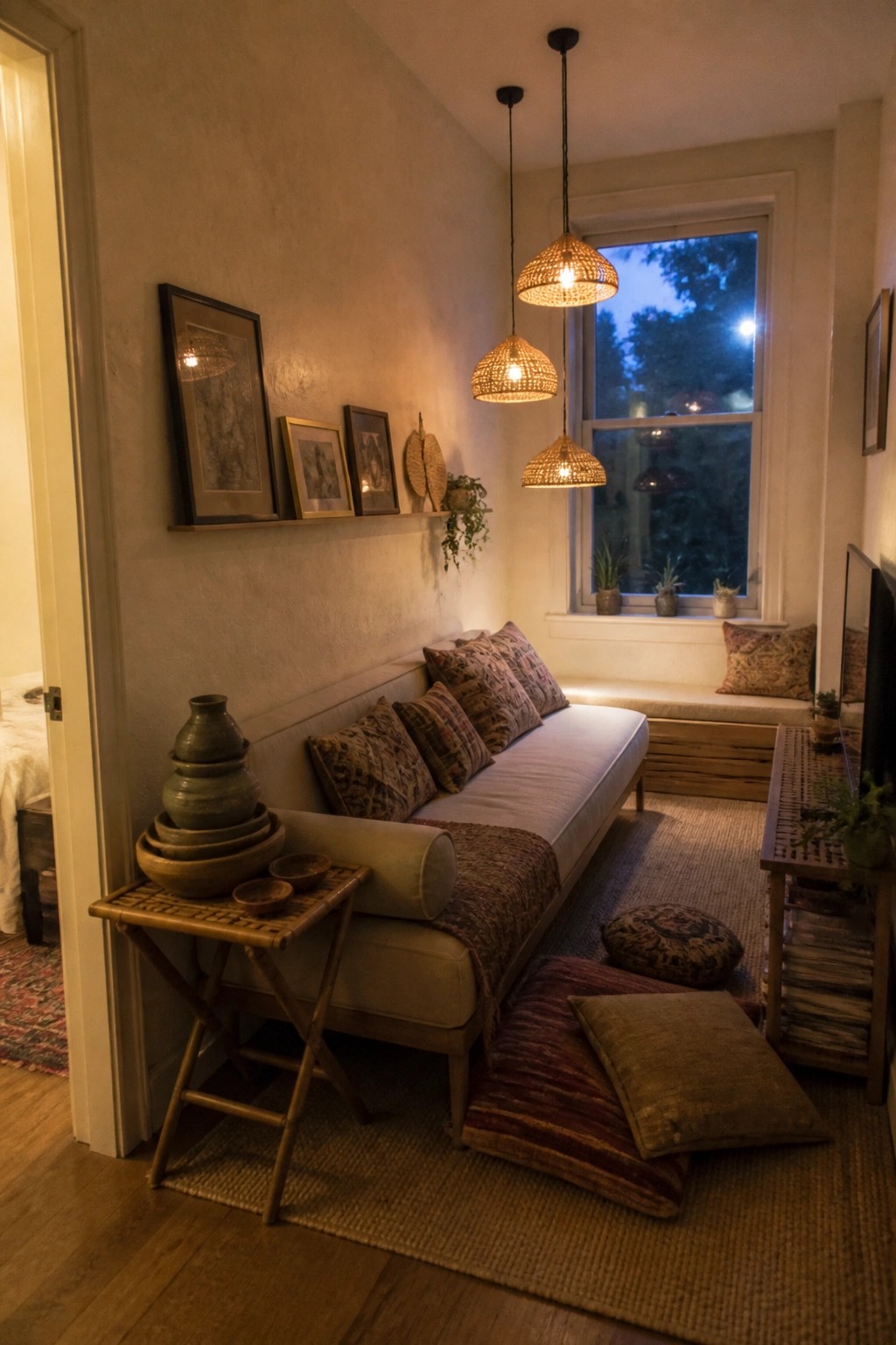 A narrow living room with a long upholstered daybed along one wall, patterned pillows, hanging woven light fixtures, a window seat, and floor cushions on a woven rug.