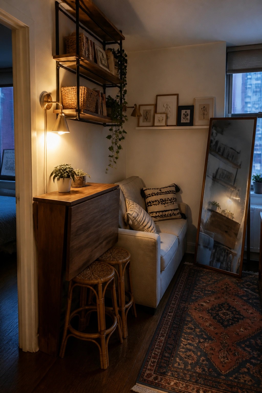 Cozy corner with wooden table, rattan stools, sofa, shelves, and full-length mirror.