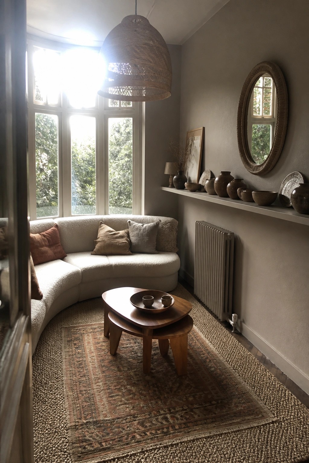 A curved white sofa is placed in a bay window with layered rugs, wooden nesting tables, and a long shelf holding pottery and a round mirror on the wall.