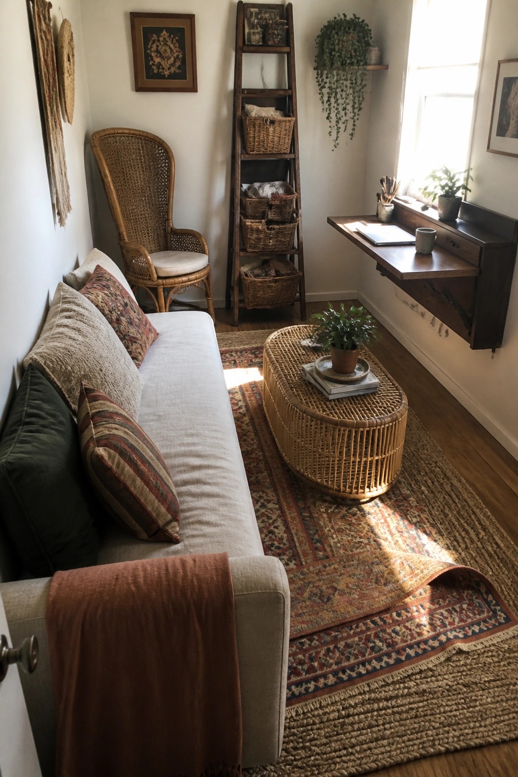 A narrow boho living room showing a light sofa with pillows and a rust throw, a rattan chair, a tall leaning ladder shelf holding baskets, a wall-mounted wood desk under a window, an oval rattan coffee table, and layered patterned rugs on hardwood flooring.