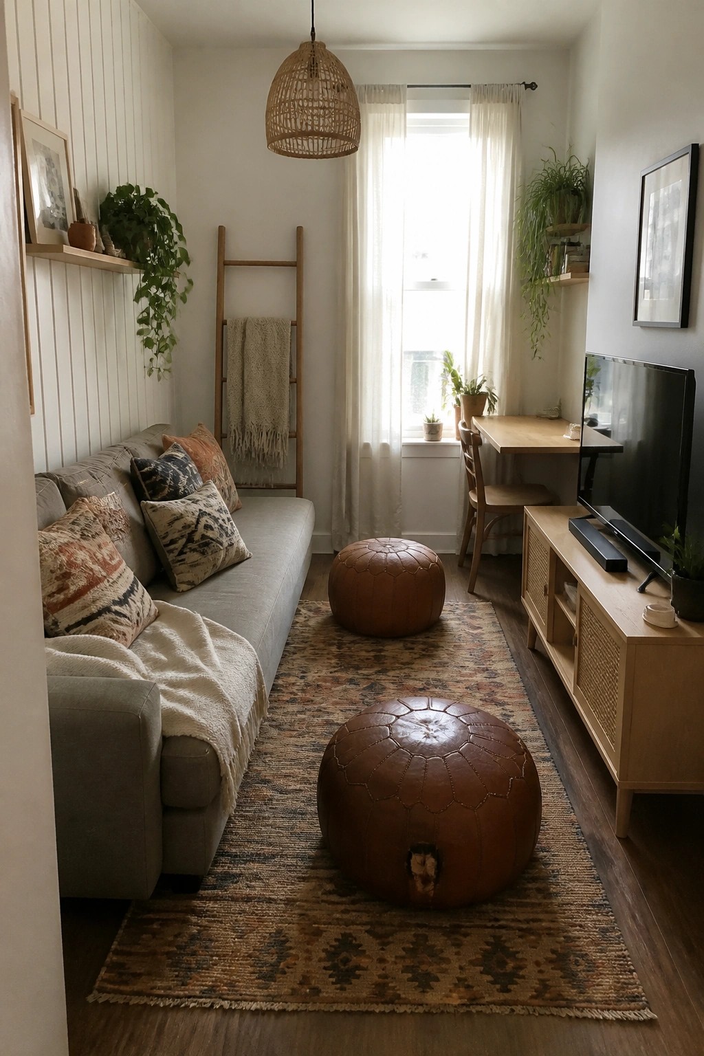 A narrow living room with a gray sofa on the left, two brown leather floor poufs on a long patterned rug, a wooden TV console on the right, and a desk near the window at the far end.