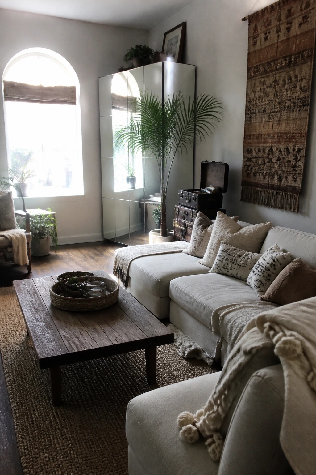 A living room featuring a light sectional sofa, wooden coffee table on a jute rug, and a tall mirrored cabinet reflecting a potted palm tree near an arched window.