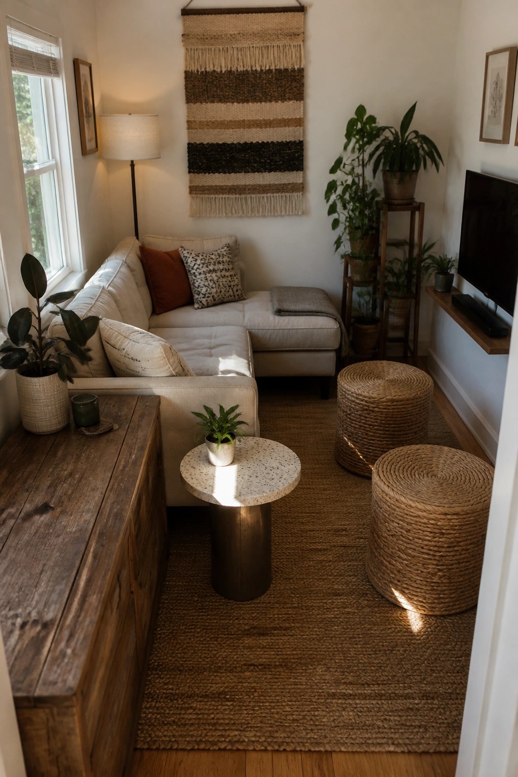 A small living room with an L-shaped sectional sofa, two round woven ottomans, a round terrazzo side table, multiple houseplants, and a large jute rug.