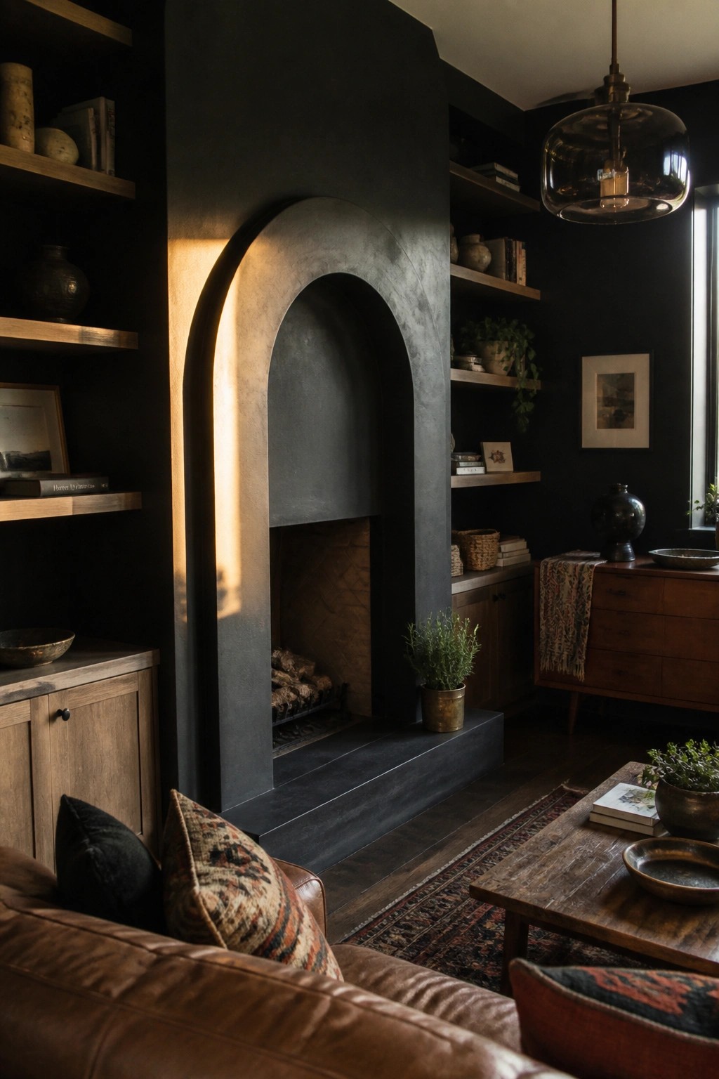 A living room with matte black walls, an arched fireplace, wooden built-in shelves on both sides, a brown leather sofa, and a wooden coffee table on a patterned rug.