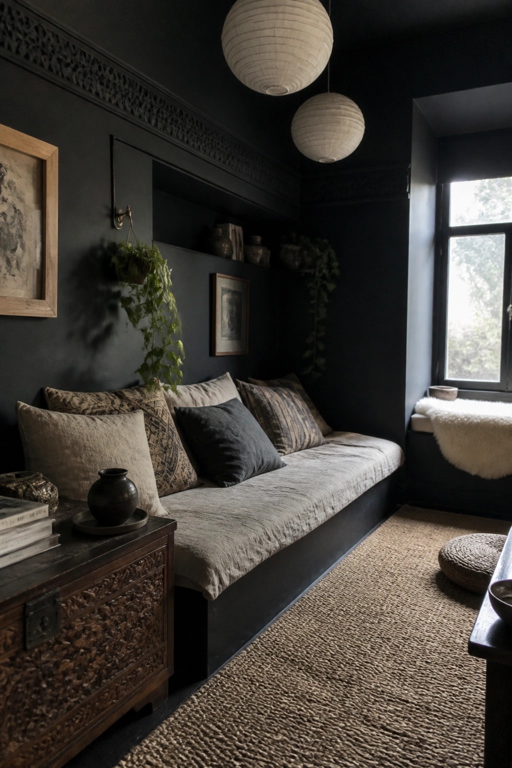 A dark living room with matte black walls showing a long built-in daybed with assorted pillows, a carved wooden chest in front, paper lanterns overhead, and a window seat with a sheepskin throw.