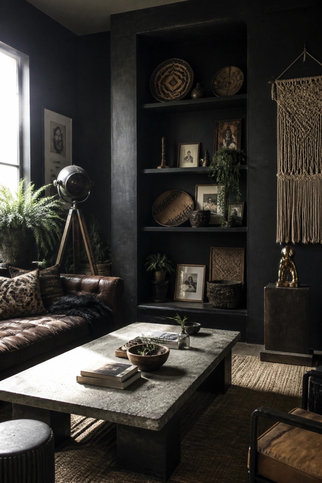 Dark living room with brown leather sofa, concrete table, and eclectic decor shelves.