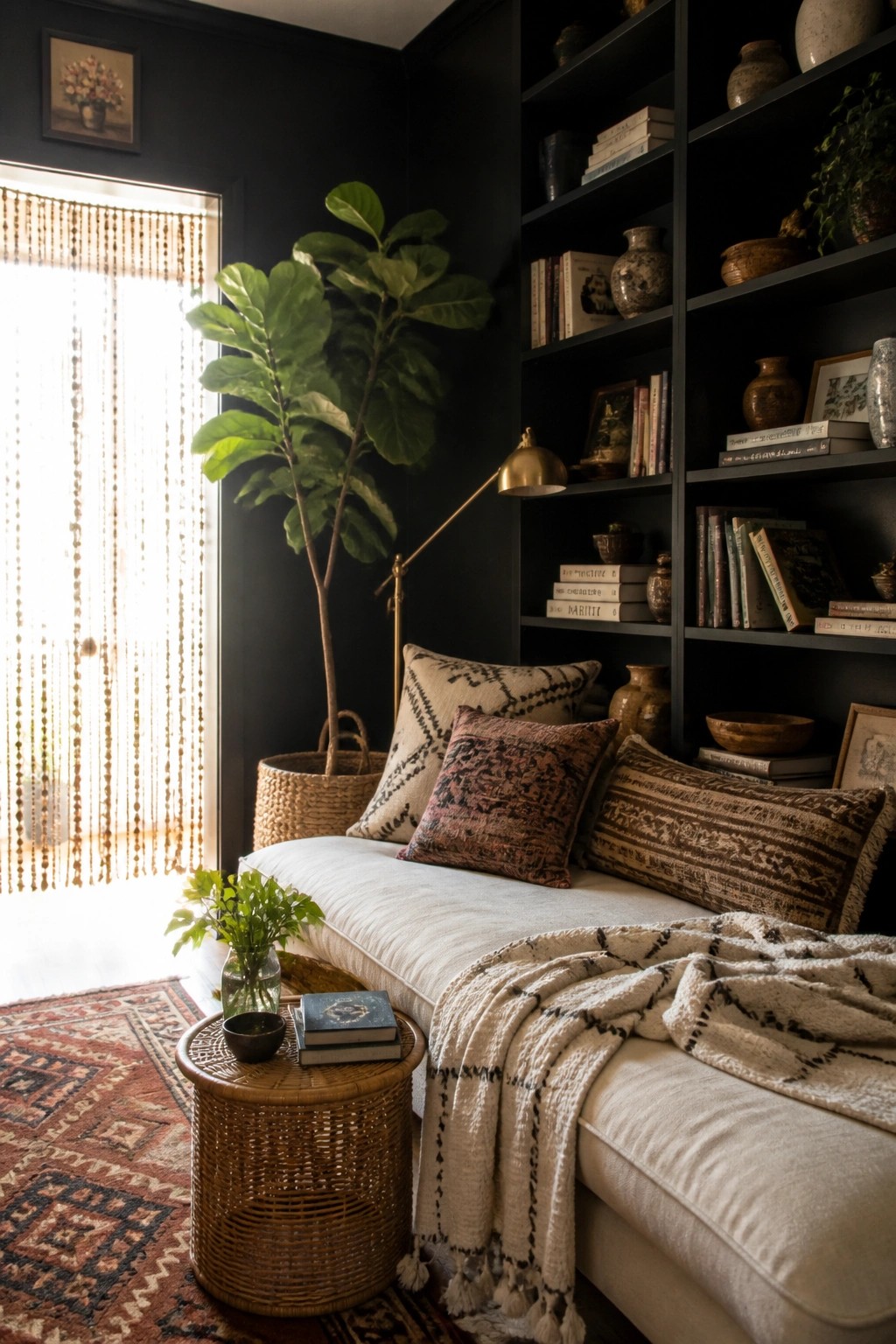 A white daybed with patterned pillows and a fringed throw sits against matte black walls next to tall built-in bookshelves filled with books and pottery, with a large fiddle leaf fig plant nearby.