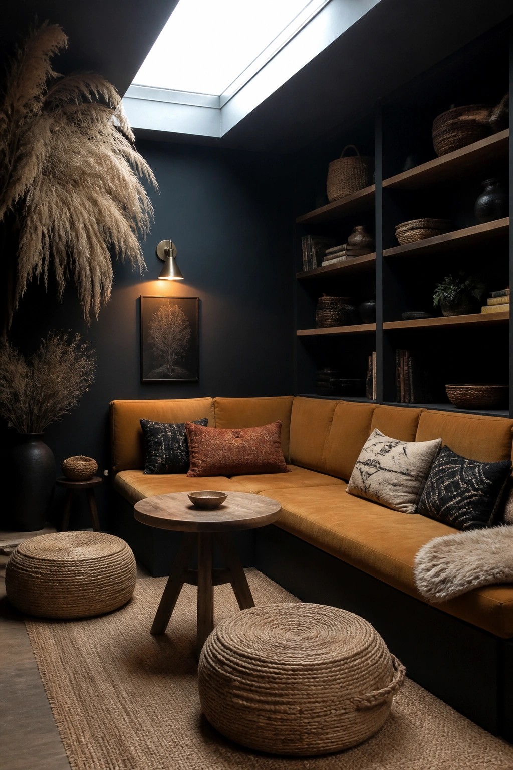 A living room corner with matte black walls, a built-in wooden shelving unit filled with baskets and books, a mustard sectional sofa, and woven ottomans on a jute rug.