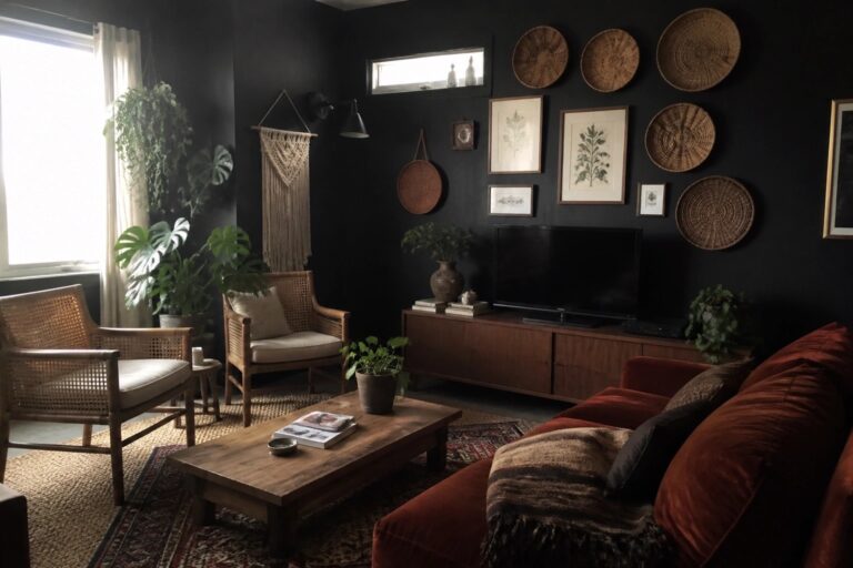 21 Striking Dark Boho Living Room Ideas Using Matte Black Walls A living room with matte black walls, wooden furniture, woven wall baskets, framed botanical prints, potted monstera plants, and patterned rugs.