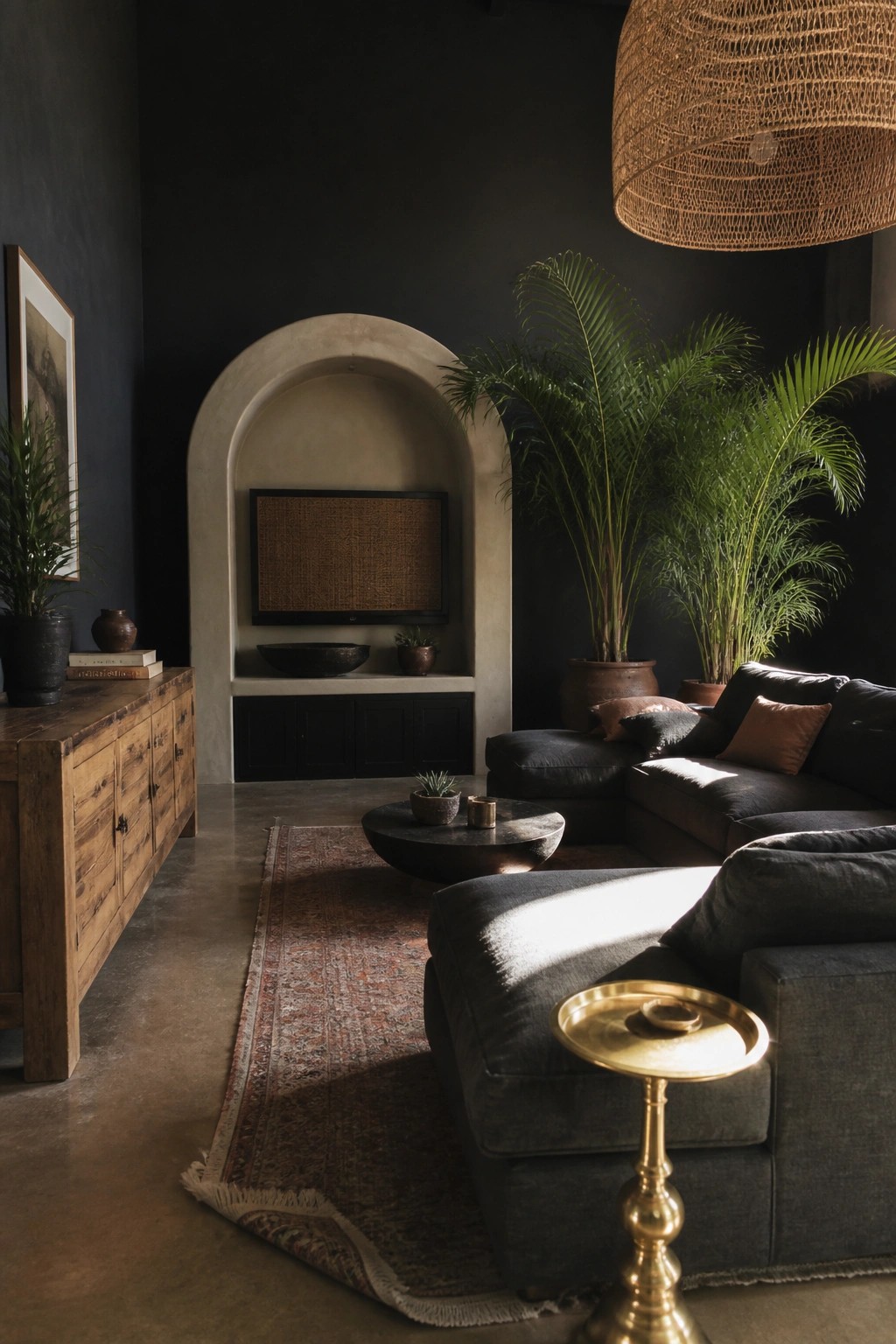 Living room interior with matte black walls, an arched niche containing a television above a wooden console, dark sectional sofa, potted plants, and a patterned rug.