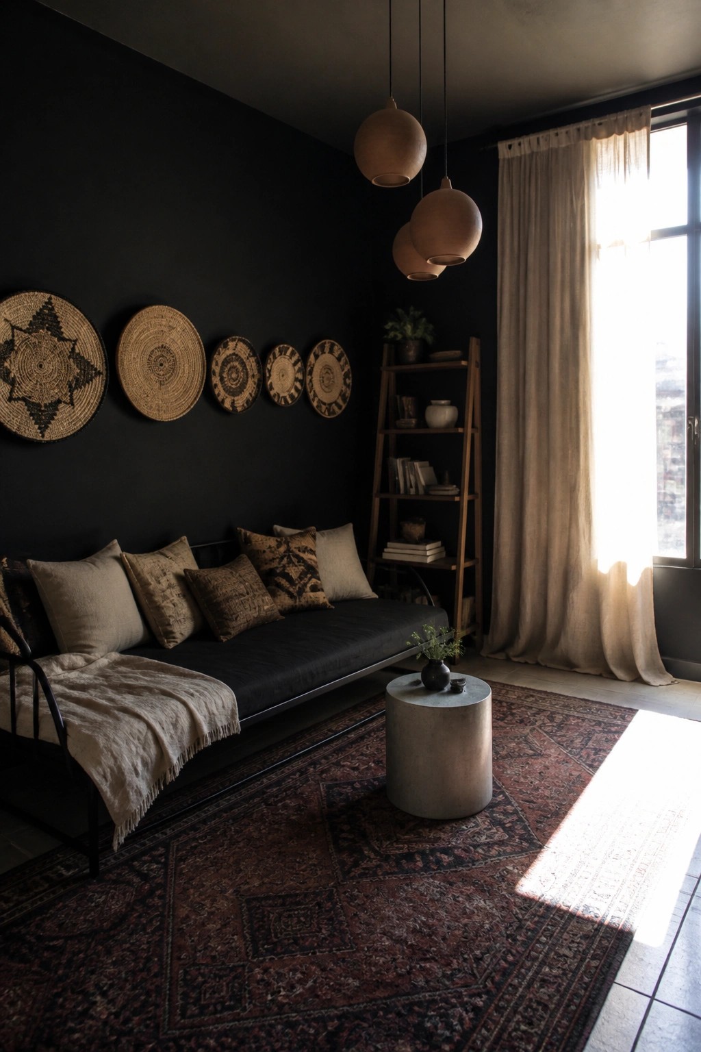 A living room with matte black walls, a row of woven circular wall hangings above a dark sofa, a concrete side table on a patterned rug, and three pendant lights.