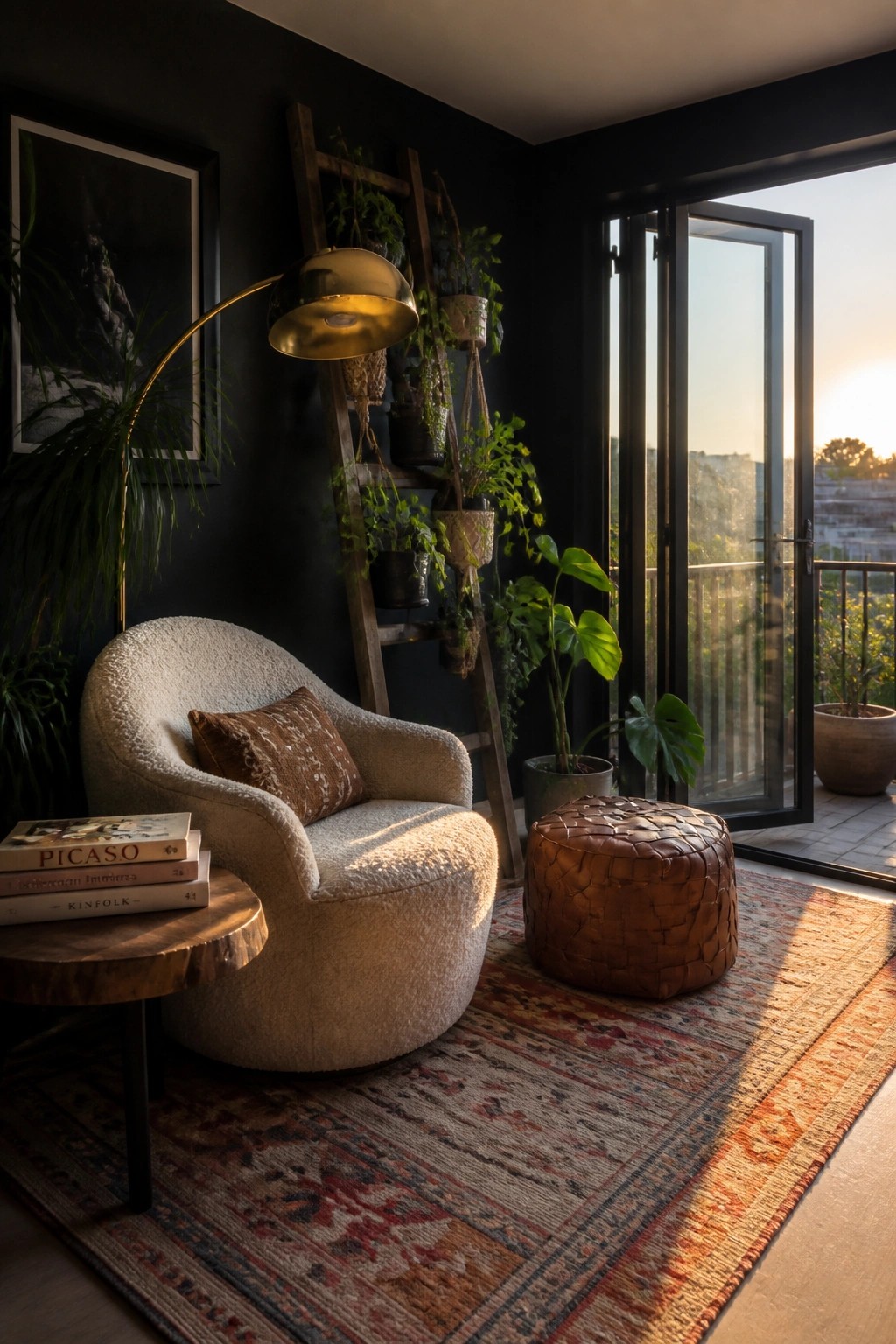 A living room corner with matte black walls, a white boucle chair, a wooden ladder holding potted plants, a brass floor lamp, and an open door to a balcony.