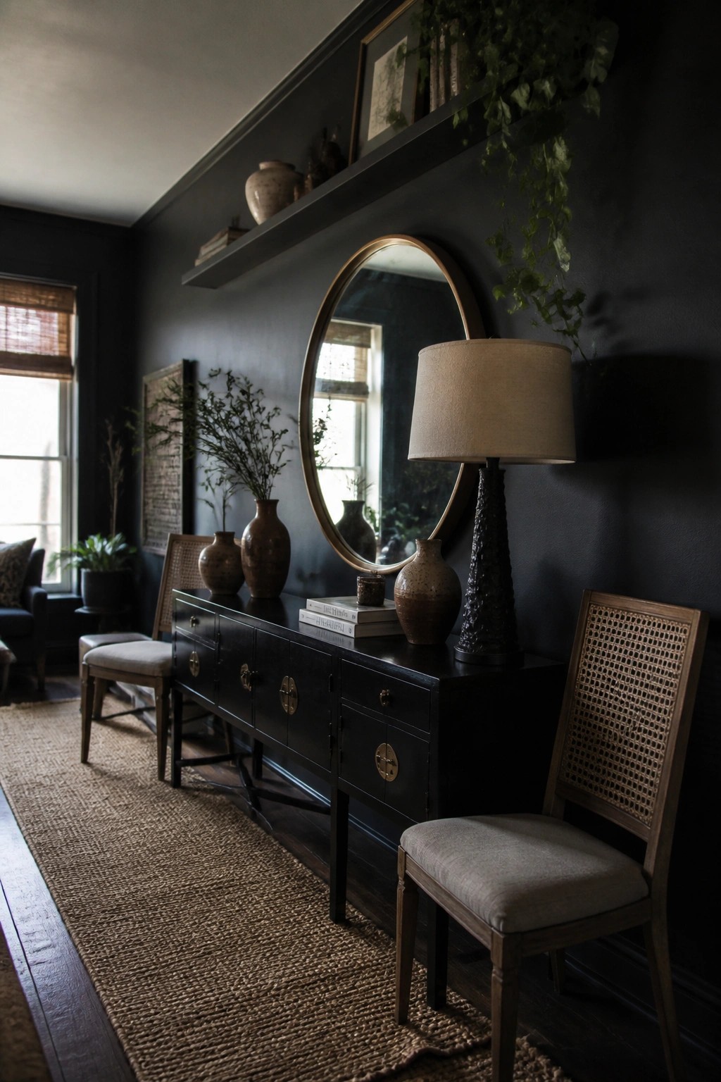 A long black console table with pottery, books, and a lamp is positioned against a matte black wall under a round mirror, with two wooden cane-back chairs nearby.