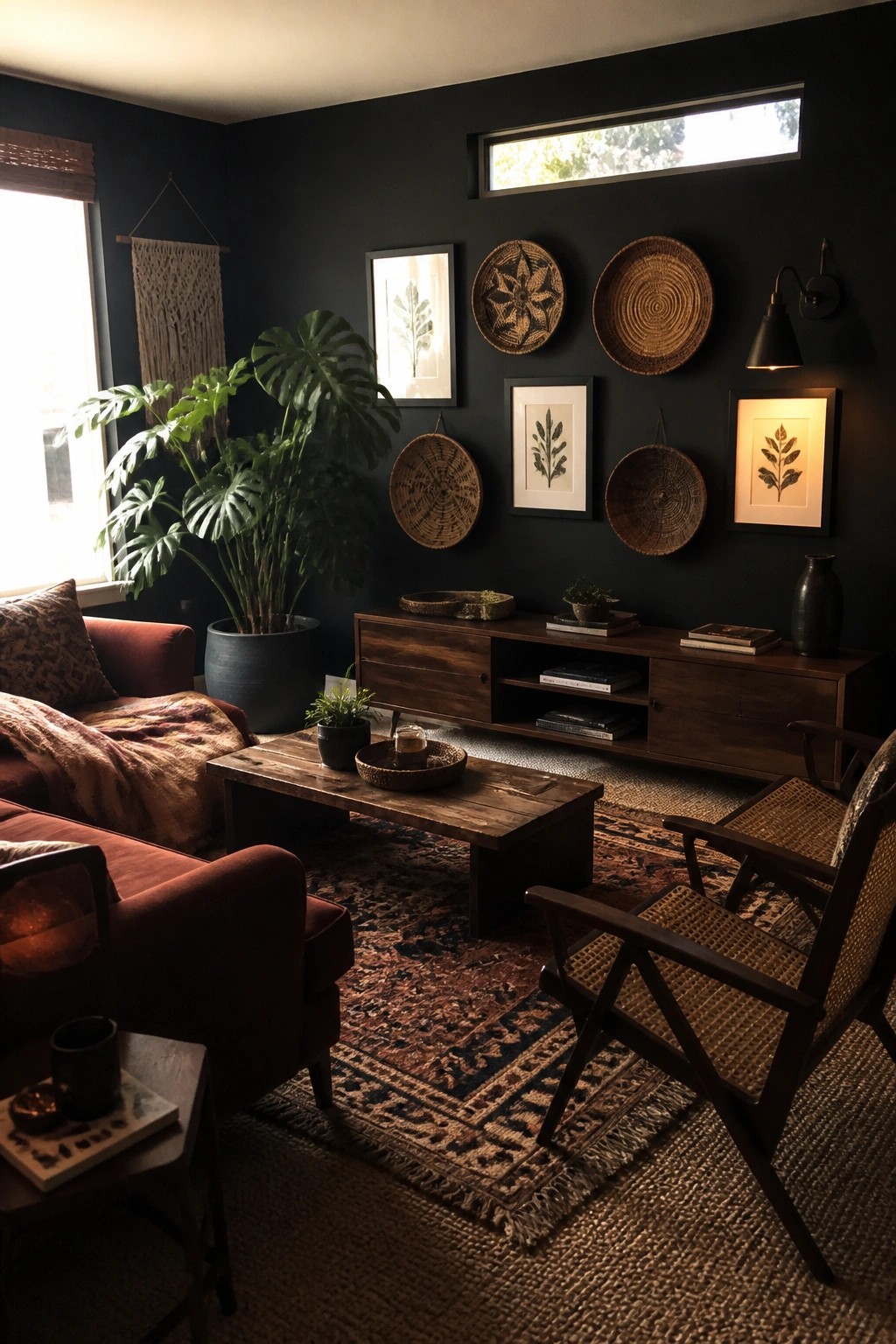 A living room with matte black walls, wooden furniture, woven wall baskets, framed botanical prints, potted monstera plants, and patterned rugs.