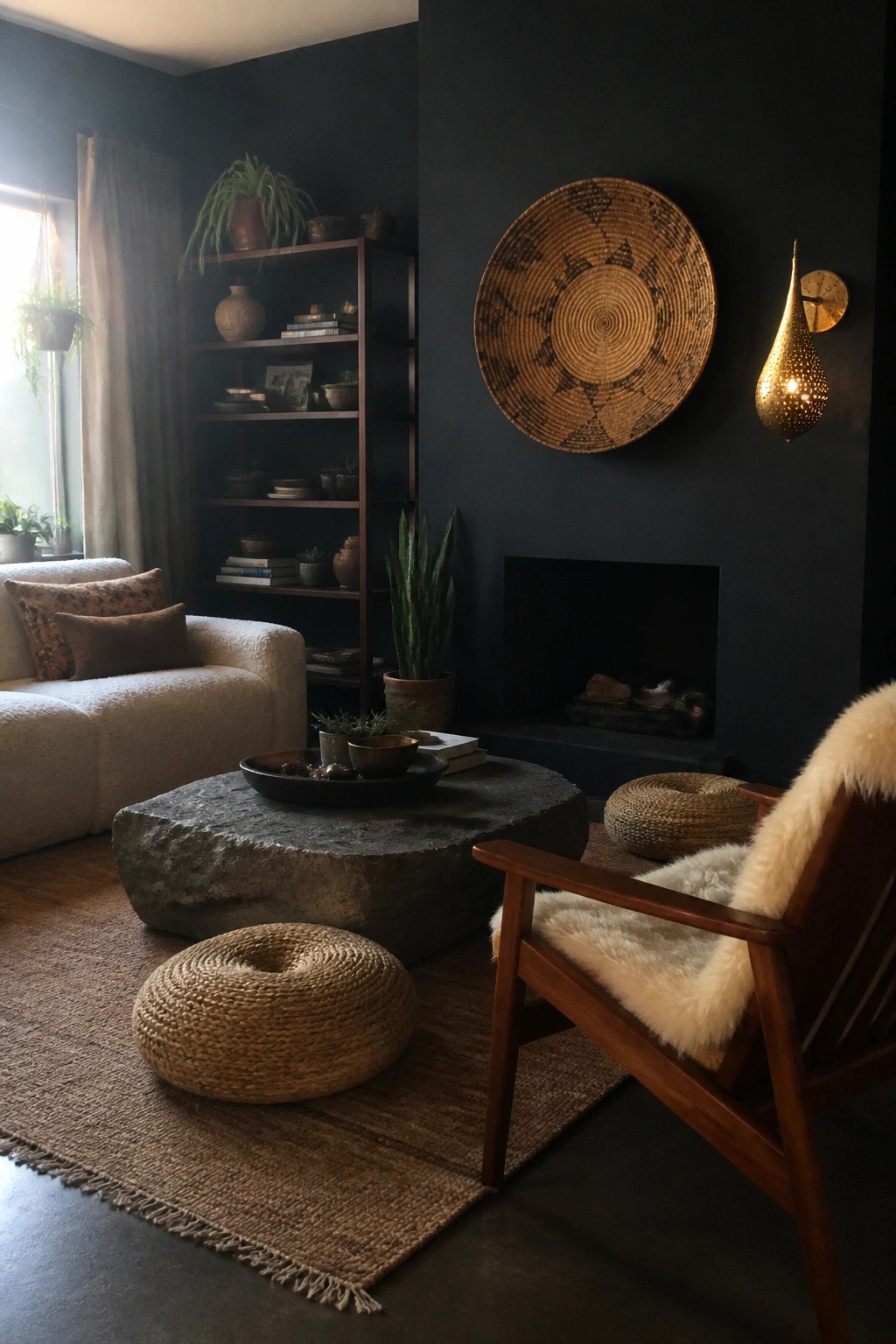 A living room with matte black walls shows a wooden armchair with sheepskin throw, a large woven wall basket, stone coffee table, woven floor poufs, and a dark wood bookshelf with plants and pottery.