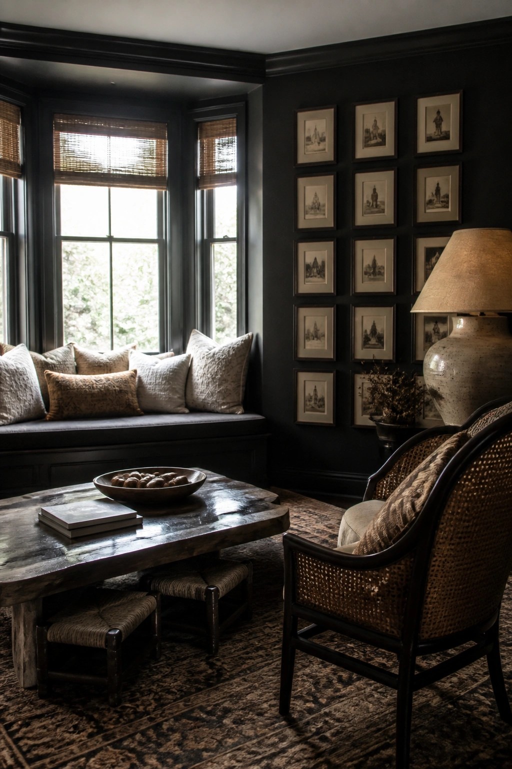 A living room corner shows matte black walls covered with a grid of small framed prints, a built-in window seat with pillows, and a wooden coffee table in front.