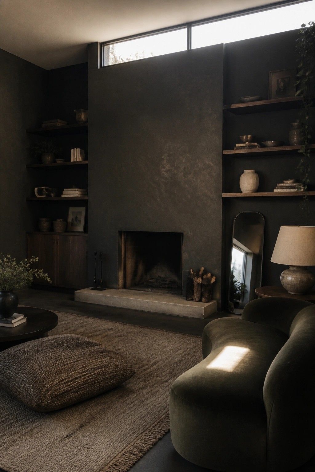 Living room interior with matte black walls, built-in wooden shelves flanking a central fireplace, and a curved green sofa on a woven rug.