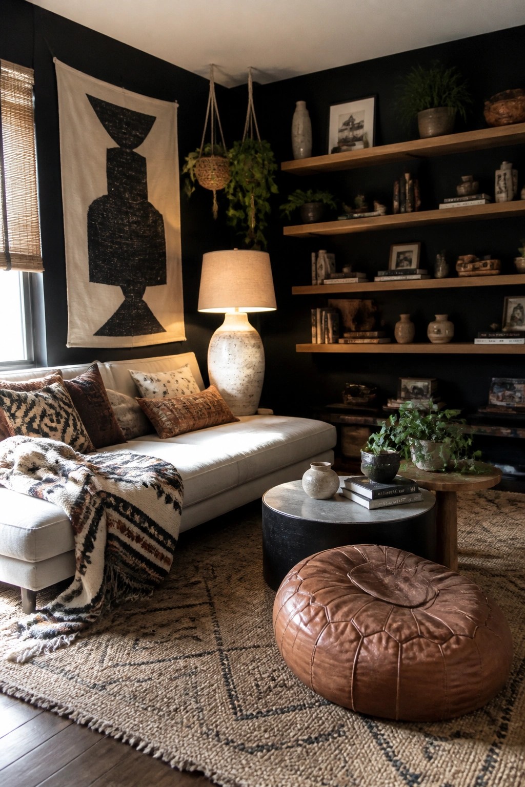 A living room featuring matte black walls, a white sofa with patterned pillows and a fringed throw, wooden floating shelves with books and vases, a round coffee table, a brown leather pouf, hanging plants, and a large patterned rug.