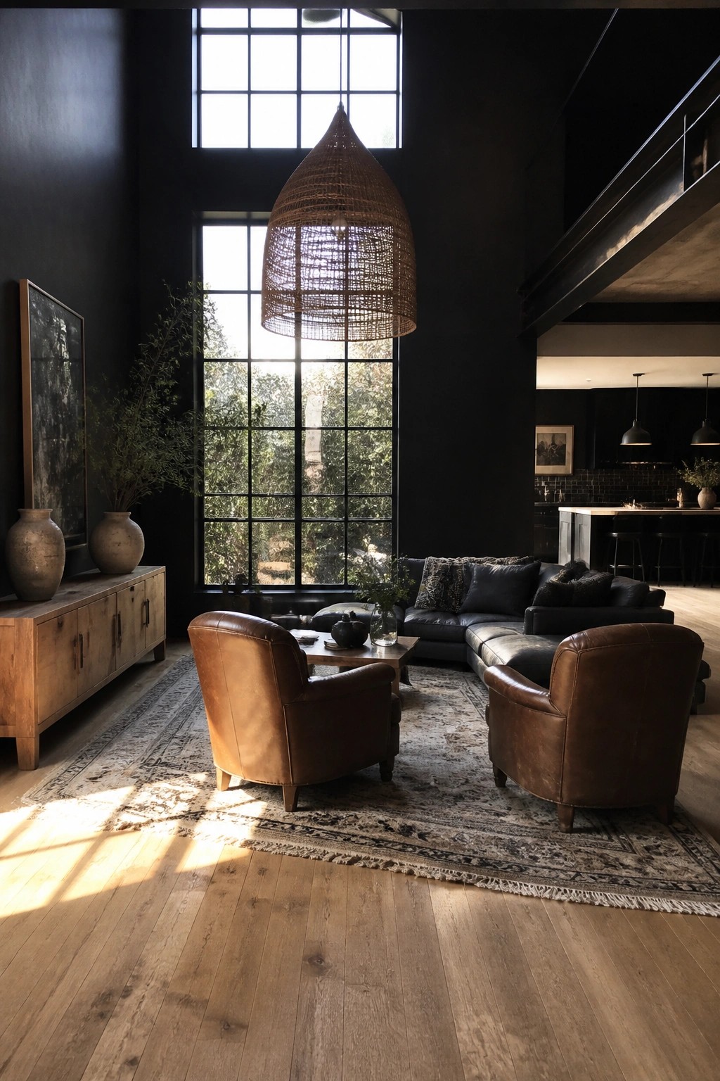 Dark living room with leather armchairs, sectional sofa, woven pendant light, and large windows.