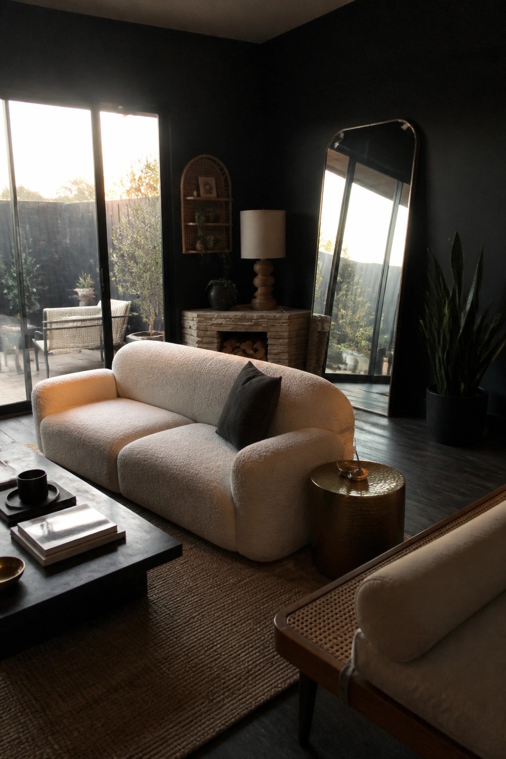 A living room with matte black walls featuring a white boucle sofa, a round brass side table, a large floor mirror, and a dark coffee table on a woven rug.