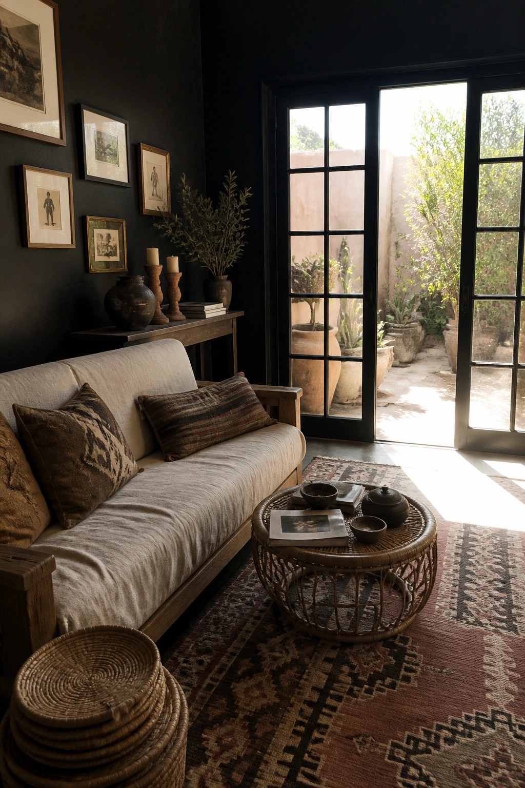 Living room interior with matte black walls, light beige sofa with brown pillows, round rattan coffee table on a patterned rug, and open black-framed glass doors to a sunlit patio.
