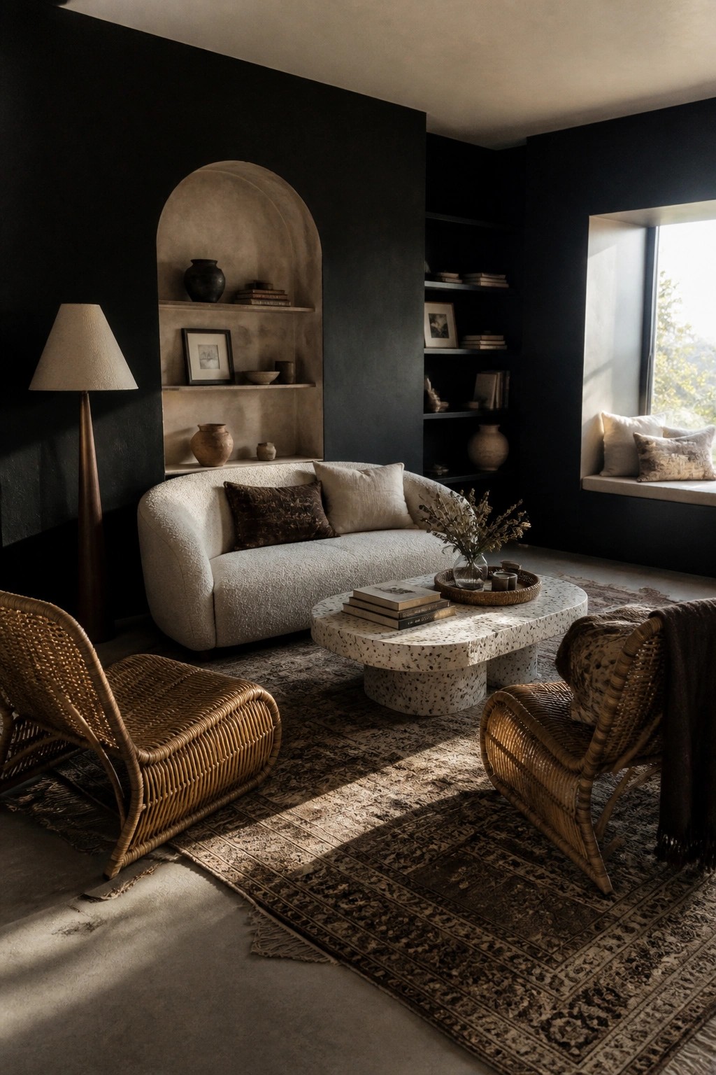 A living room with matte black walls, built-in arched niches, a white bouclé sofa, two rattan chairs, and a terrazzo coffee table on a large patterned rug.