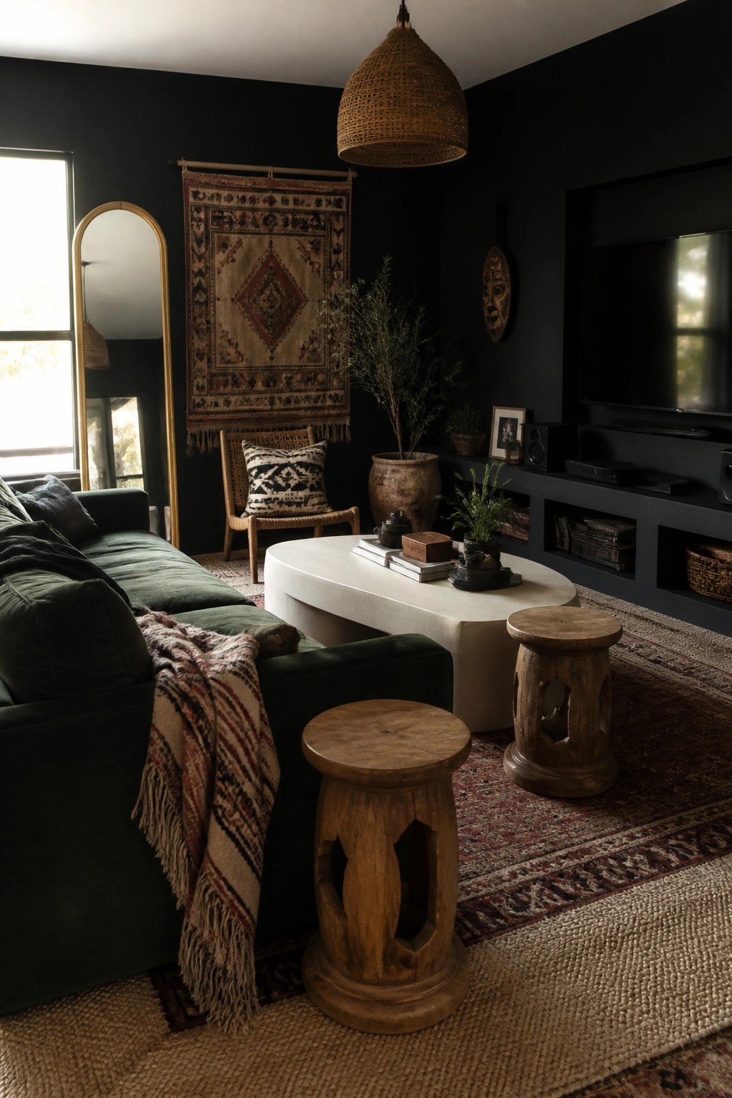 Living room interior with matte black walls, green velvet sofa, wooden stools on a patterned rug, and a woven pendant light.