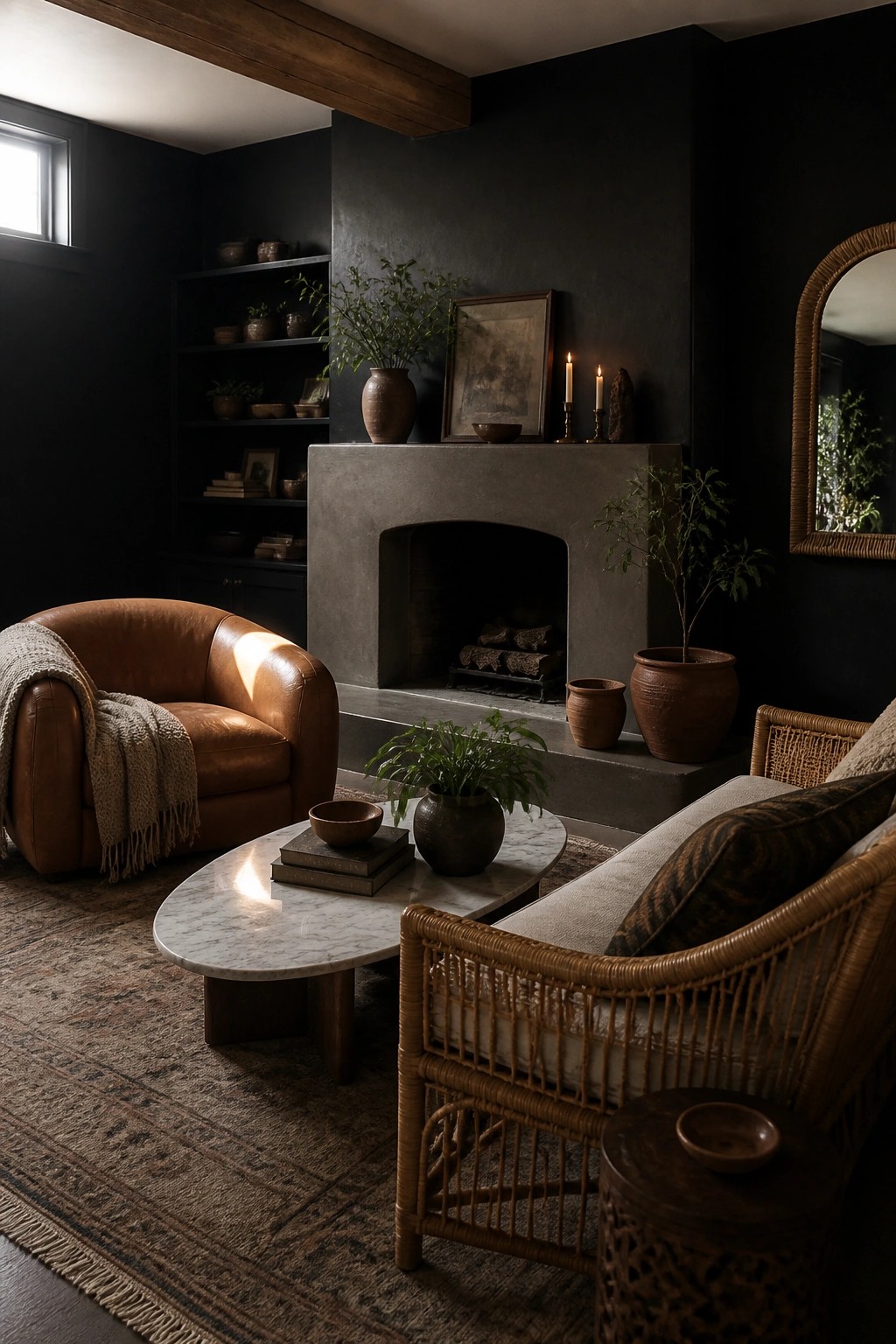 A living room with matte black walls, a concrete fireplace, brown leather armchair, rattan sofa, marble coffee table, and several potted plants on a patterned rug.