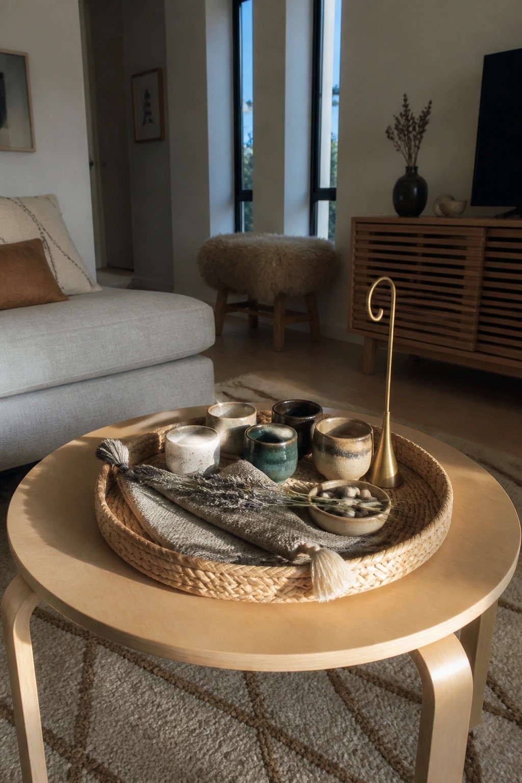 A round light wood coffee table holds a large woven tray with ceramic cups, a folded gray cloth, dried lavender, a small bowl of stones, and a brass object.