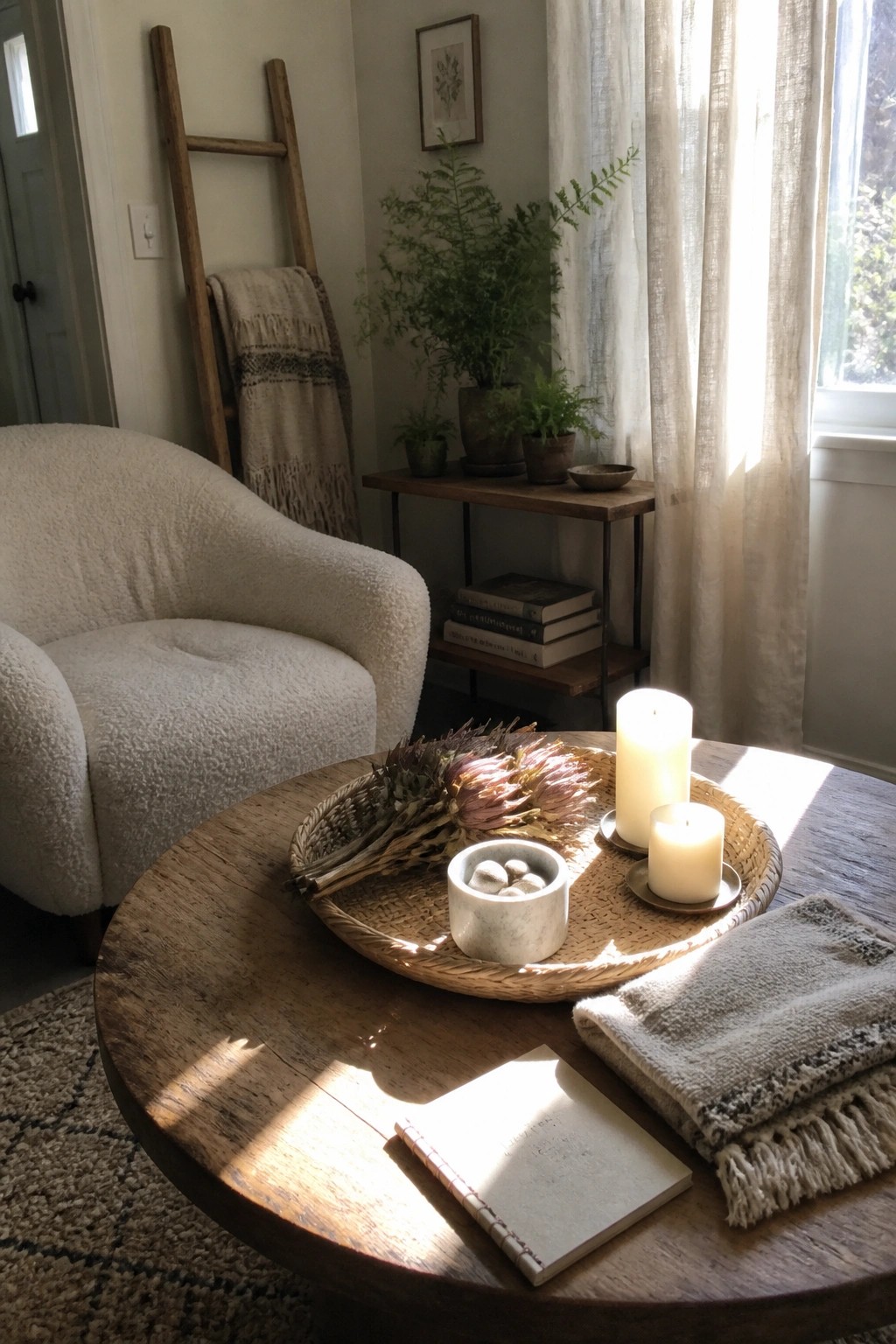 A round wooden coffee table holds a woven tray with dried botanicals, a marble bowl, and two pillar candles beside a white bouclé armchair in a sunlit room.