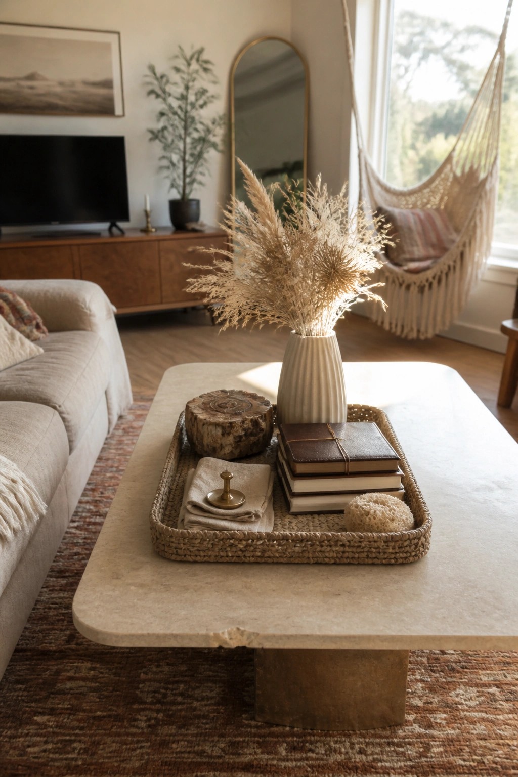A marble coffee table in a living room holds a woven tray with stacked books, a ribbed vase of dried pampas grass, a wood slice, and a few small natural objects.